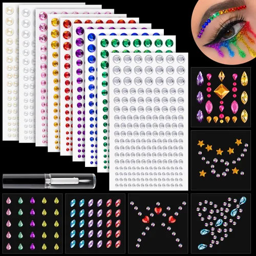 Vista 8 de 3940 calcomanías de diamantes de imitación de 3/4/5/6/0.315 in transparentes + láser autoadhesivas para la cara, joyas de cristal para el cuerpo