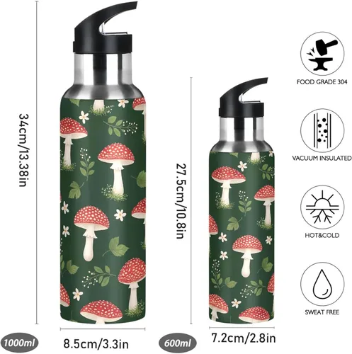 Vista 2 de Insulated Stainless Steel Water Bottle with Straw 32 Oz, BPA-Free Sport Water Bottle Insulated for Gym Outdoor Travel School, Cute Red Mushrooms