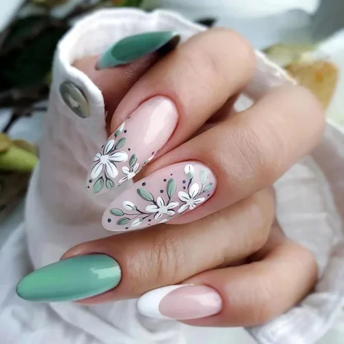 Vista 19 de Uñas postizas a presión con punta francesa, uñas postizas medianas con flores 3D, concha de perla, diseño de estrellas de mar, uñas blancas a