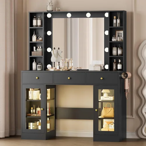 Vista 16 de Wodeer Pequeño escritorio de maquillaje con espejo y luces, tocador con armario de cristal, luces LED y toma de corriente, cajón y gabinetes
