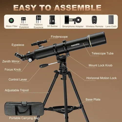 Vista 4 de NACATIN Telescopio de Astronomía para Adultos y Principiantes, Apertura de 90mm 800mm de Longitud Focal Telescopio Refractor Profesional Portátil