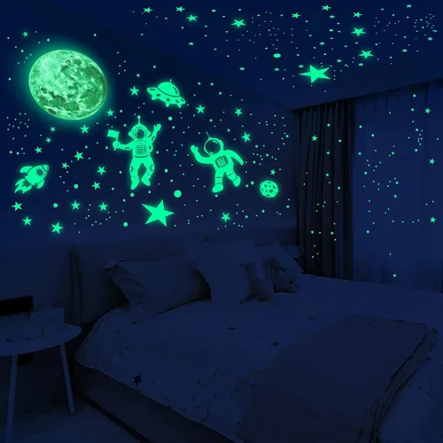 Vista 7 de Estrellas que brillan en la oscuridad para techo, calcomanías de pared de luna que brilla en la oscuridad y espacio, pegatinas de pared luminosas