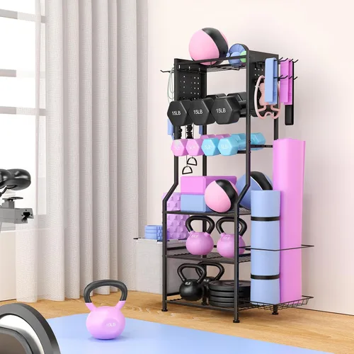 Vista 2 de Estante para mancuernas, almacenamiento de gimnasio en casa para pesas rusas, esterilla de yoga y equipo de entrenamiento de fuerza, estante