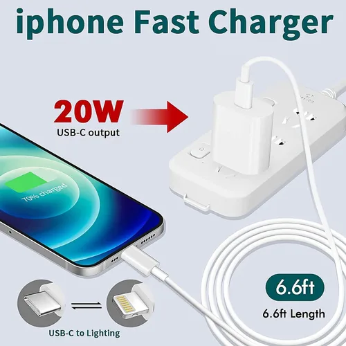 Vista 3 de Cargador rápido para iPhone 20W PD USB-C Cargador de pared Cable de 6 pies Certificado MFi de Apple, compatible con iPhone 14/14 Pro/14 Pro Max/14