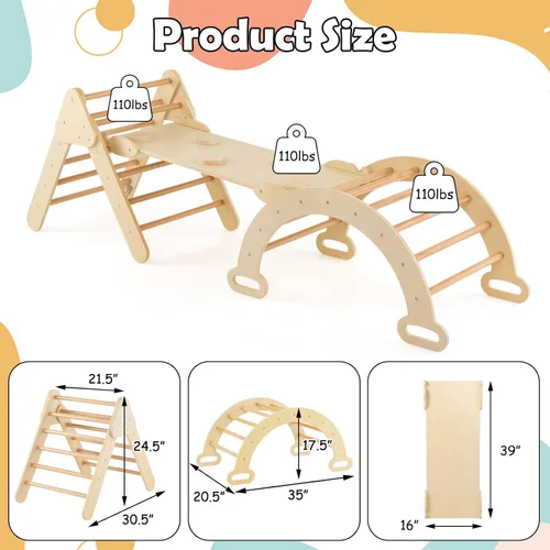 Vista 7 de Olakids Conjunto Triangular Pikler 7 en 1 Juguetes de Escalada para Niños Pequeños de 1 a 3 Años Interior Plegable de Madera Montessori Gimnasio