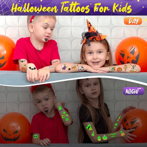 Vista 3 de Leesgel Decoraciones de Halloween – Tatuajes temporales para niños (12 hojas), calcomanías luminosas de tatuaje falso para niños y niñas, regalos