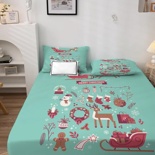 Vista 3 de Juego de sábanas tamaño individual: sábanas de Navidad, sábanas y fundas de almohada para niños, color turquesa, microfibra suave, bolsillo profundo