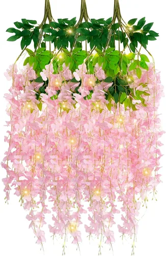 Vista 26 de Paquete de 5 guirnaldas de flores colgantes de glicina rosa, enredaderas de flores artificiales de 3.77 pies, glicinia falsa, guirnalda colgante