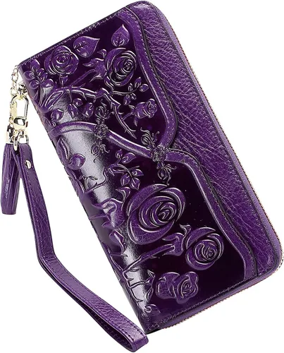 Vista 5 de PIJUSHI Bolsos florales de diseñador con asa superior, bolsos de cuero auténtico, cartera floral para mujer y tarjetero de cuero genuino