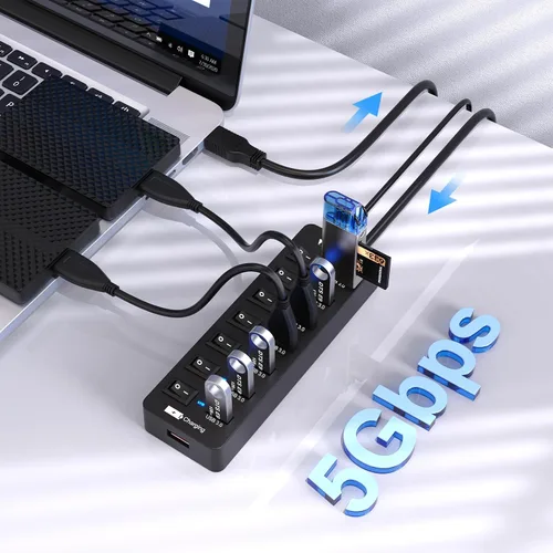 Vista 2 de Hub USB 3.0 alimentado, concentradores VEMONT de 7 puertos múltiples USB y 1 puerto de carga inteligente USB con fuente de alimentación de 5 V/3 A