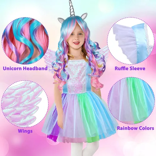 Vista 4 de G.C Vestido de unicornio para niñas, disfraz de princesa con diadema y alas para niños, falda tutú de manga con vuelo, regalos de Halloween