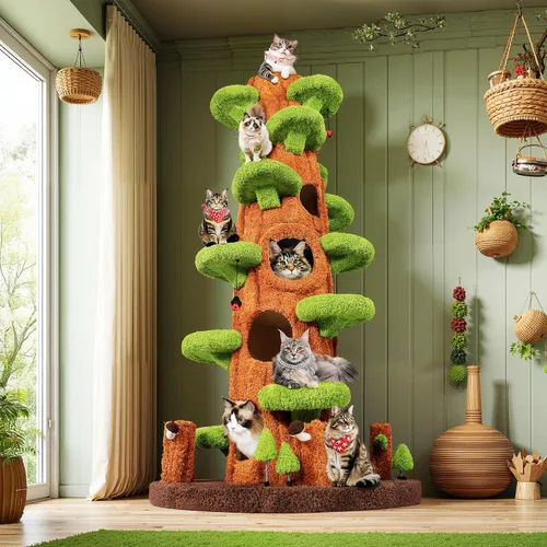 Vista 2 de NUNU LAB Árbol para gatos de 90.5 pulgadas de alto – Torre grande de árbol mágico para gatos con postes rascadores de sisal, escondite lateral