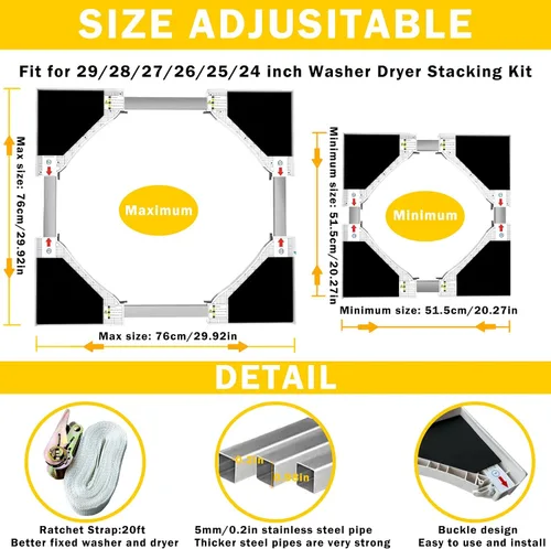 Vista 3 de Kit de apilamiento universal para lavadora y secadora, kit de apilamiento universal reforzado para lavadora y secadora de carga frontal de 24 a 29