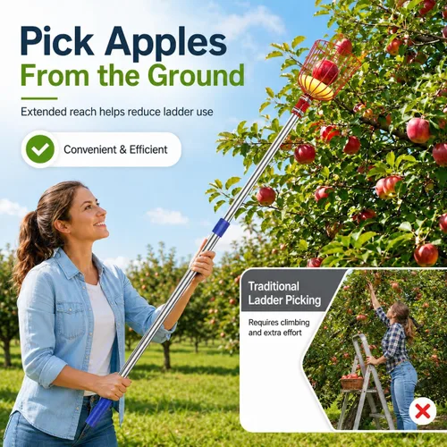 Vista 3 de Herramienta de poste para recoger frutas con cesta anti-caída estable, poste de acero inoxidable de 13 pies para manzana, recolección de mango