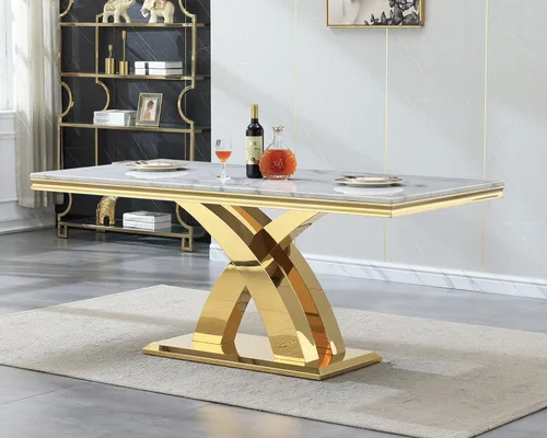 Vista 14 de Mesa de comedor de mármol negro para 4, 6, 70 pulgadas, moderna mesa de comedor de cocina dorada con base de acero inoxidable con diseño