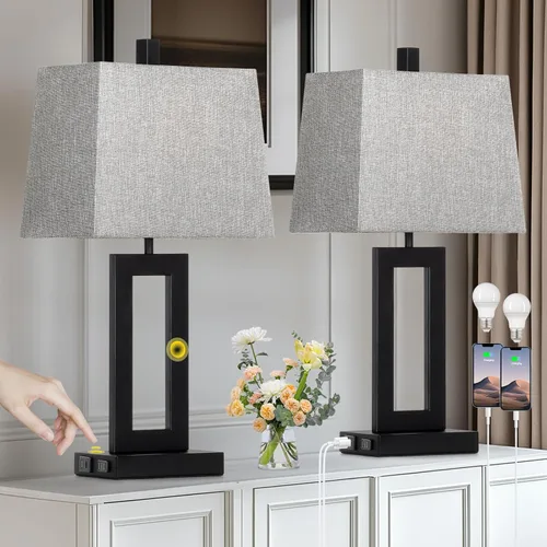 Vista 10 de Cinkeda Juego de 2 lámparas de mesa con puertos USB C+A y salida de CA, lámparas de noche, lámparas modernas para dormitorio, lámparas negras