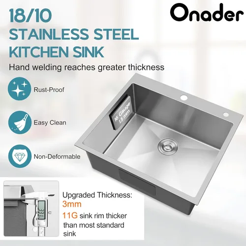 Vista 3 de Onader Fregadero de cocina de 25 x 22 pulgadas, acero inoxidable calibre 16 níquel cepillado, fregadero de cocina moderno con accesorios, 10
