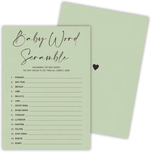 Vista 9 de 30 tarjetas de juego minimalistas verdes para baby shower con tarjeta de respuesta, juego de vientre de bebé o cerveza, juegos de baby shower