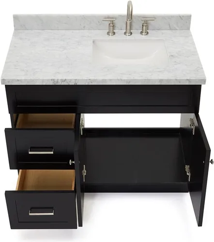 Vista 6 de DKB Bradford - Mueble de baño individual negro de 42 pulgadas con fregadero rectangular, encimera de mármol italiano de carrara con borde de 1.5