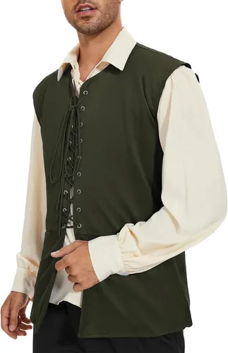 Vista 3 de American Trends Chaleco renacentista medieval con cordones para hombre Verde militar