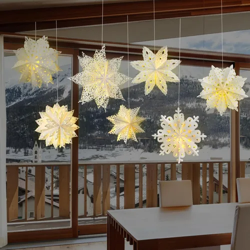 Vista 5 de Mudder 10 piezas de linterna de papel copo de nieve, linterna de papel estrella con 14 luces LED, lámpara de papel, decoración colgante de fiesta