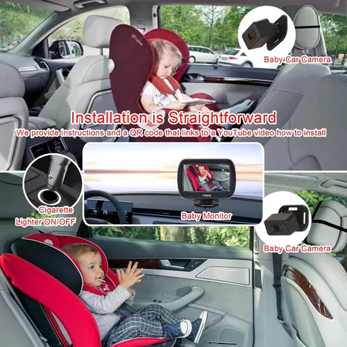Vista 3 de YIMU HD720P Cámara de coche de bebé para asiento trasero, reposacabezas de automóvil, monitor de instalación rápida, visión nocturna, cámara