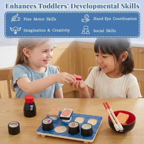 Vista 6 de Juego de comida para cortar sushi, juguetes de cocina de madera para niños de 3 años en adelante, juguete de aprendizaje de sushi para niñas y niños