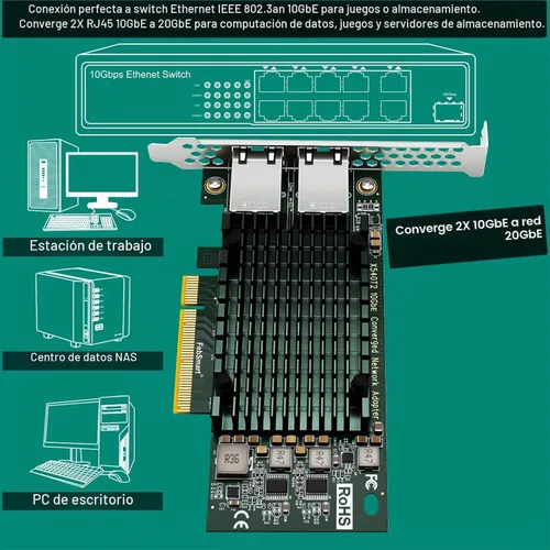 Vista 8 de Interfaz PCIE X8 a 2 puertos RJ45 de 10 Gbps, controlador Ethernet Intel X540-AT2, 2 tarjetas NIC PCIE de interfaz RJ45 de 10GbE, adaptador de red