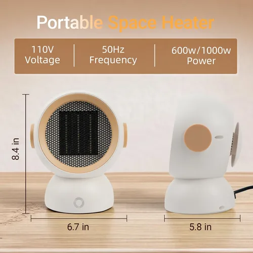 Vista 7 de Calentador de espacio, calentadores eléctricos portátiles para habitación pequeña, para uso en interiores, dos velocidades, 1200 W, mini