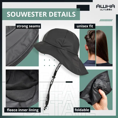 Vista 5 de AWHA Souwester, Sombrero de lluvia - Gorro impermeable con ala ancha y orejeras Negro