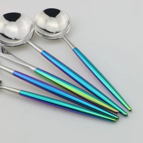 Vista 4 de Juego de cubiertos Coloful Rainbow Handle Silver de 5 piezas, espejo de acero inoxidable 18/10, servicio para 1 plateado