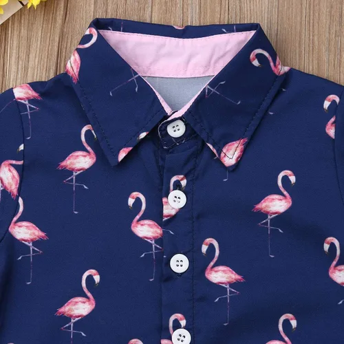 Vista 4 de Conjunto de camisa de manga corta con botones y pantalones cortos casuales con diseño de flamingo, para bebés y niños de 1 a 6 años, atuendos