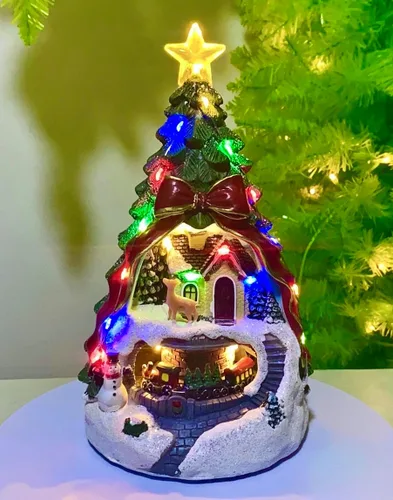 Vista 7 de Aldea musical de árbol de Navidad con luz, tren giratorio y ciervos