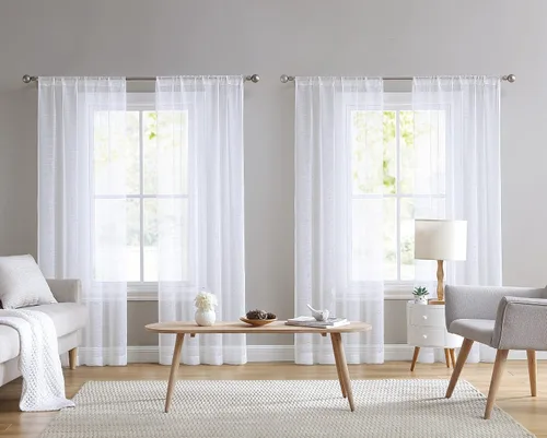 Vista 10 de Laura Ashley Cortinas traslúcidas blancas con bolsillo para barra, cada panel mide 38 pulgadas de ancho x 84 pulgadas de largo, Lehman, 4 paneles