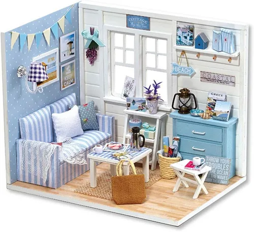 Vista 14 de TuKIIE Kit de casa en miniatura con muebles, a escala 1:100, sala creativa, mini casa de muñecas de madera, rincón de libro para niños, adolescentes