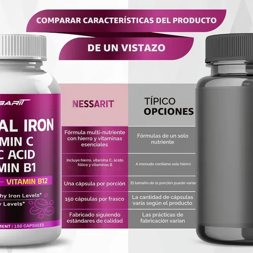 Vista 6 de Hierro natural de alta potencia con vitamina C, ácido fólico, fórmula de alta absorción, vitamina B1, vitamina B6, vitamina B12, ayuda a