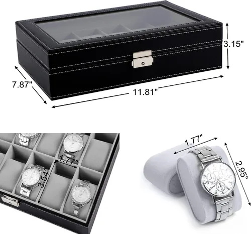 Vista 6 de Caja de reloj con 12 ranuras para reloj, organizador con parte superior de cristal, caja de almacenamiento de reloj negra para hombres y mujeres