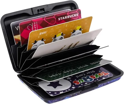 Vista 5 de ELFISH Cartera de aluminio con bloqueo RFID para tarjetas de crédito para hombres y mujeres, ver luna, Cartera RFID