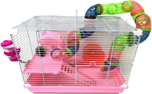 Vista 5 de Rosa Grande Torre Doble de 5 Pisos Hábitat para Hámster Mansión Roedores Jerbos Ratones Pequeños Hogar Jaula con Tubo de Cruce Superior Expandible
