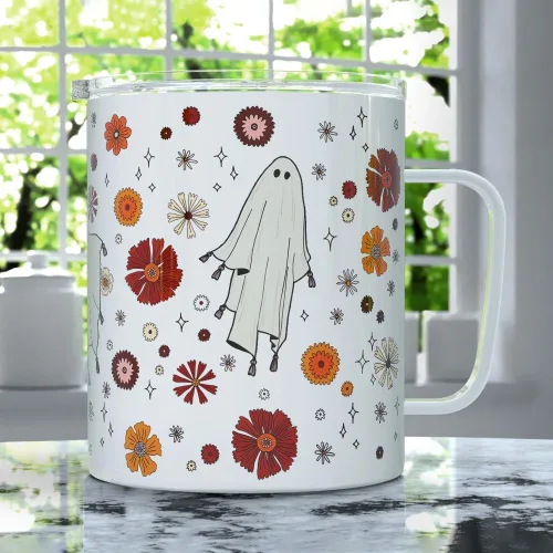 Vista 2 de Taza de café de viaje aislada de Halloween retro con tapa, taza espeluznante de otoño (12 onzas)