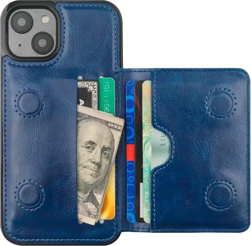 Vista 13 de KIHUWEY Funda compatible con iPhone 14, tarjetero de cuero de primera calidad, cierre magnético oculto, duradero, a prueba de golpes, para iPhone 14