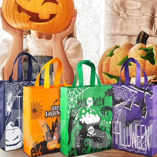Vista 4 de Aviski 6 bolsas de Halloween para dulce o truco, no tejidas grandes bolsas de regalo con asas para envolver regalos, suministros de fiesta, 15 x
