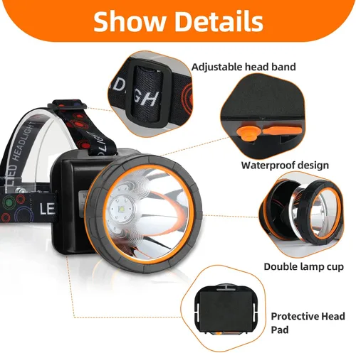 Vista 6 de Superbright - Linterna frontal LED recargable, luz de campamento de alta potencia, 2 modos, impermeable, ajustable, cabeza dorada, lámpara