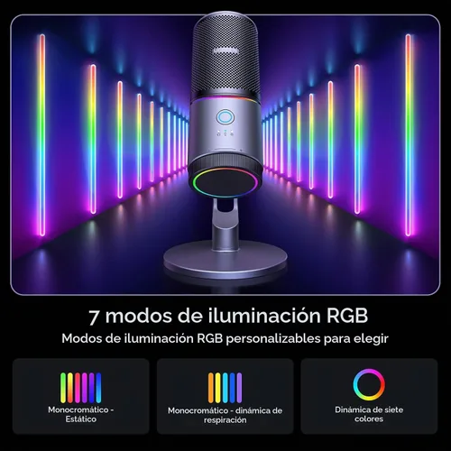 Vista 4 de UGREEN Micrófono para PC, micrófono para juegos USB con luces RGB, 24bit/96kHz