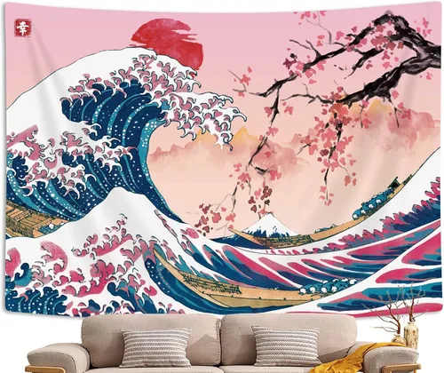 Vista 10 de MERCHR Tapiz de pared de flor de cerezo con sol rosa y rojo, olas del océano y escena de montaña, diseño de anime asiático para dormitorio, 60 x 40