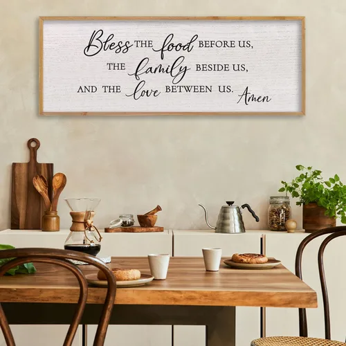 Vista 15 de LuZhiQiang Arte de pared para comedor 81,3×30,5 cm "Bless The Food Before Us" Letrero cristiano para cocina, cita familiar agradecida, cuadro grande