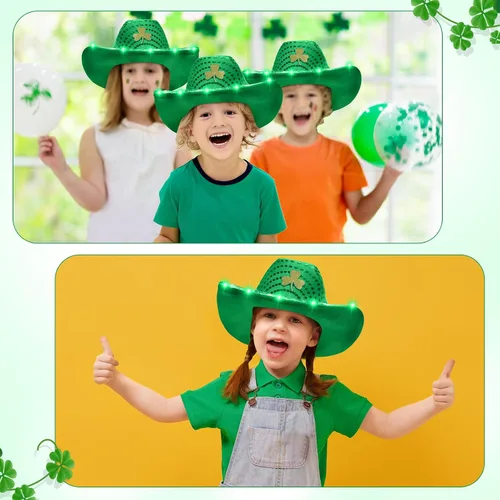 Vista 3 de Silicherry Paquete de 6 sombreros de vaquero de trébol de San Patricio con luz LED, sombrero de vaquera verde trébol, sombrero irlandés