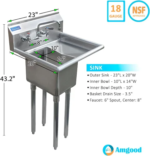 Vista 3 de AmGood Fregadero de acero inoxidable para preparación y uso general Acero inoxidable 304 NSF Restaurante, cocina, lavandería, garaje
