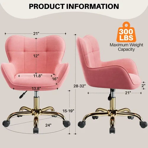 Vista 3 de Silla de tocador con ruedas, bonitas sillas de escritorio de altura ajustable para dormitorio, silla de maquillaje moderna con respaldo (rosa)