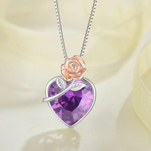 Vista 4 de Love Heart Birthstone Necklace for Women 925 Sterling Silver Rose Flower Necklace Dainty Jewelry Gifts for Women Wife Girlfriend Mother Daughter Her